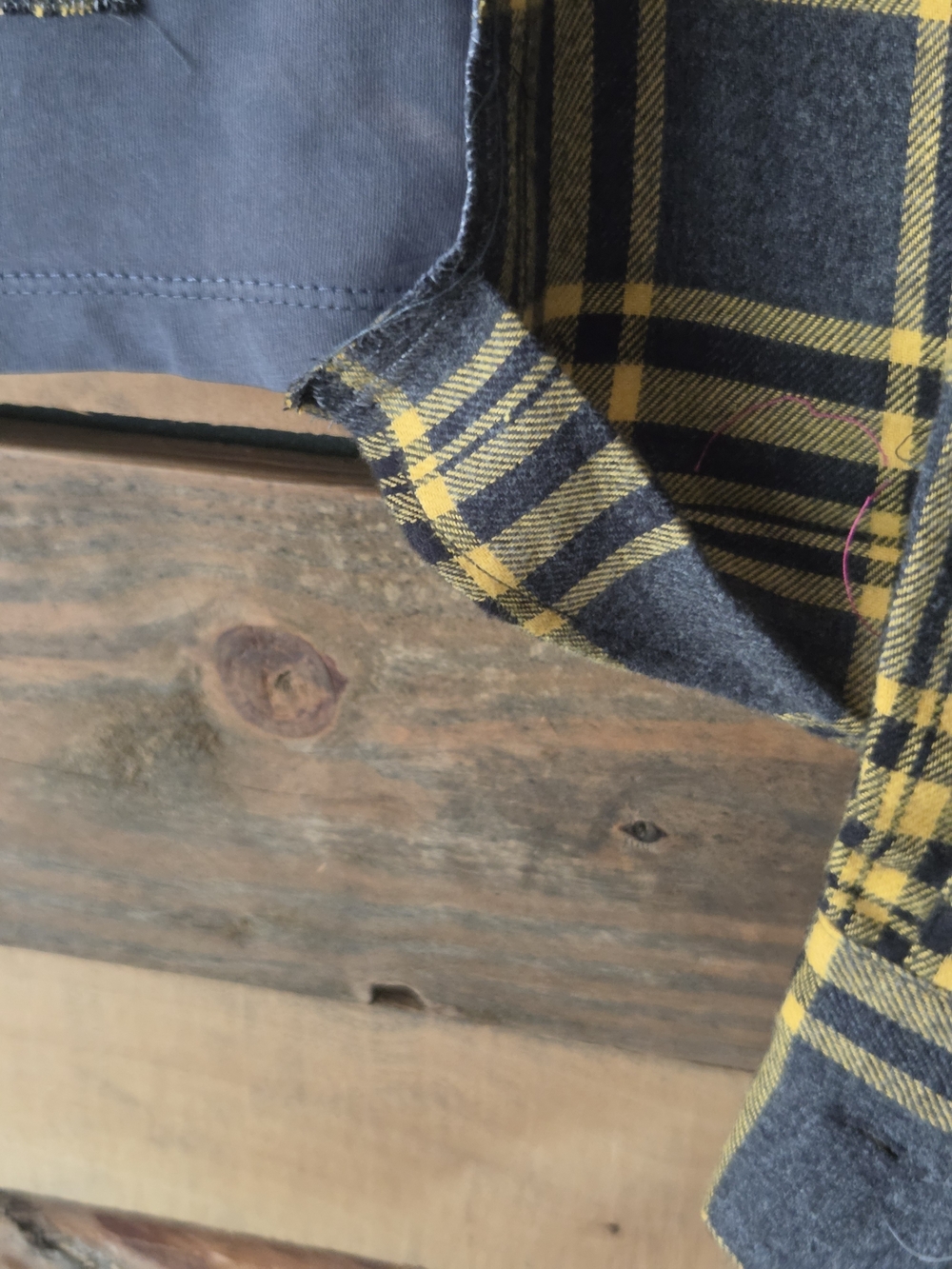 Upcycled AC/DC  High Voltage Grey Graphic Tee with Yellow Plaid Sleeves. - Picture 7 of 12